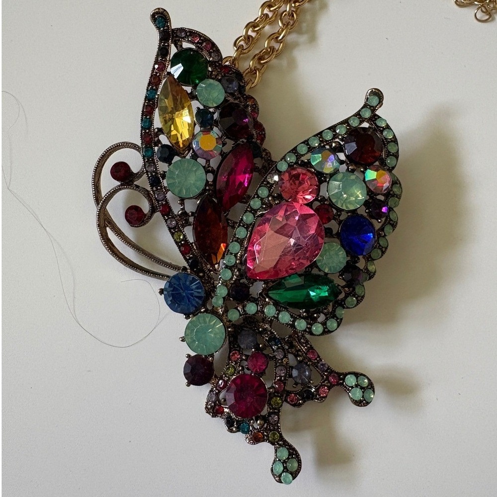 Multicolor Rhinestone Butterfly Statement Pendant Necklace Gold Tone 27 inch